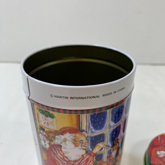 Set Of 2 Vintage Christmas Santa Claus Carousel Window Tin Canisters With Lids - Picture 12 of 16